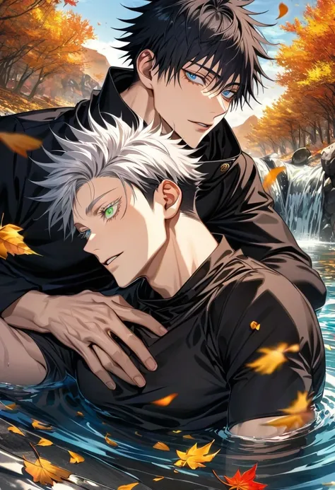 Ultra detailed, highres, absurdres, HDR, Fushiguro Megumi, black hair, green eyes, Gojo Satoru, white hair with bangs, blue eyes, white eyelashes, Jujutsu Kaisen, water, autumn, petals, orange and yellow leaves, 2 sexy man together, gay couple, extremely h...