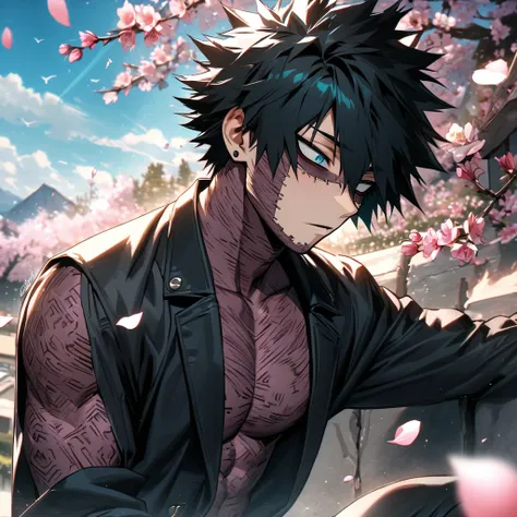 absurdres, highres, ultra detailed, HDR, masterpiece, extremely detailed face and eyes, Dabi, black hair spiked around his head, hair between the eyes, expressive turquoise eyes, boku no hero academia, solo, sexy man, handsome, black coat, black tight shir...