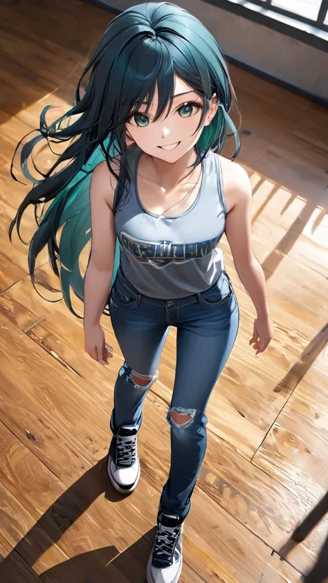 (full body:1.4), from above, (masterpiece:1.3)), (best quality:1.3),(ultra detailed:1.4),(extremely detailed),(absolutely resolution:1.3) ,absurdres,8k, 1girl, grin, ultra detailed eyes, long hair, multicolored hair, tanktops, jeans, 