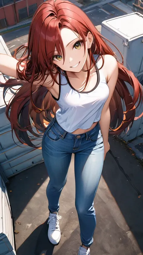 (full body:1.4), from above, (masterpiece:1.3)), (best quality:1.3),(ultra detailed:1.4),(extremely detailed),(absolutely resolution:1.3) ,absurdres,8k, 1girl, grin, ultra detailed eyes, long hair, multicolored hair, tanktops, jeans, 