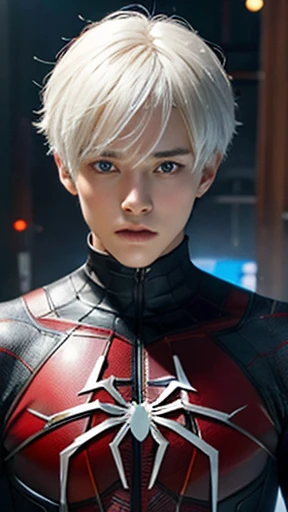 A white hair, japanese teenage boy, bang, Gojo Satorou hairstyle, blue eyes, 15 years, young, pale skin, slender body, wide chest, Ultra high res, uhd, (photorealistic:1.4), doll-like face, futuristic spiderman black armor with a red spider web pattern, pl...