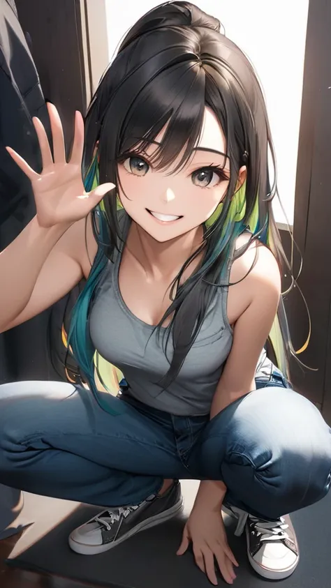 (full body:1.4), from above, (masterpiece:1.3)), (best quality:1.3),(ultra detailed:1.4),(extremely detailed),(absolutely resolution:1.3) ,absurdres,8k, 1girl, grin, ultra detailed eyes, long hair, multicolored hair, tanktops, jeans, squatting, waving hand...