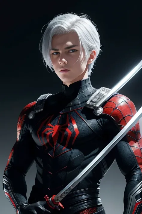 Portrait of a teenage boy with white hair, Gojo Satorou hairstyle, wearing black spiderman armor with red spider web lines, carrying a katana sword on his back, blue eyes, monograms in the background, digital painting, dark colors, 8k, complex details, vin...