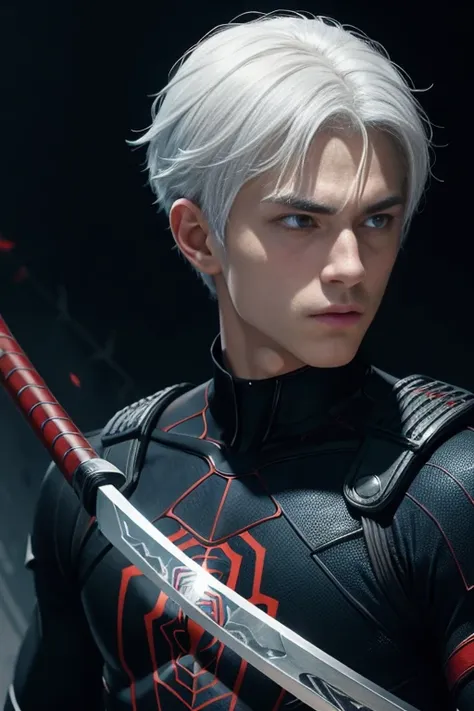 portrait of a teenage boy with white hair, gojo satorou hairstyle, wearing black spiderman armor with red spider web lines, carr...