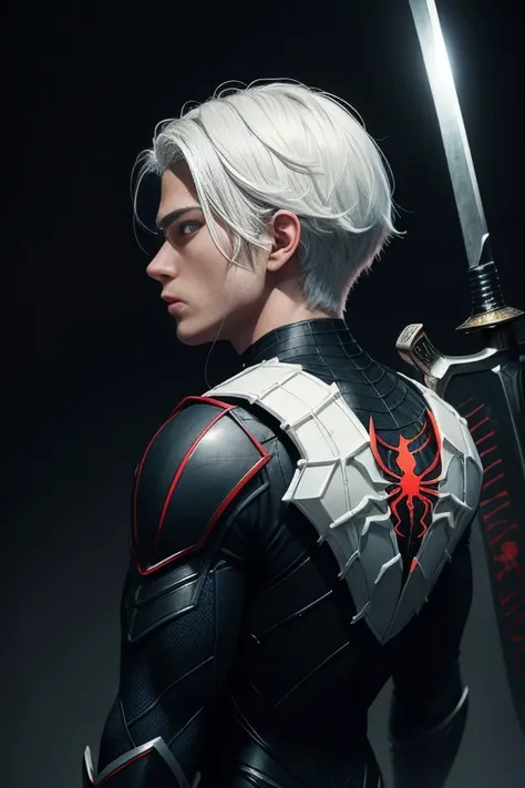 portrait of a teenage boy with white hair, gojo satorou hairstyle, wearing black spiderman armor with red spider web lines, carr...