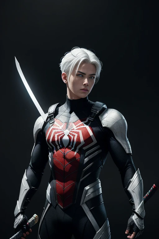 portrait of a teenage boy with white hair, gojo satorou hairstyle, wearing black spiderman armor with red spider web lines, carr...