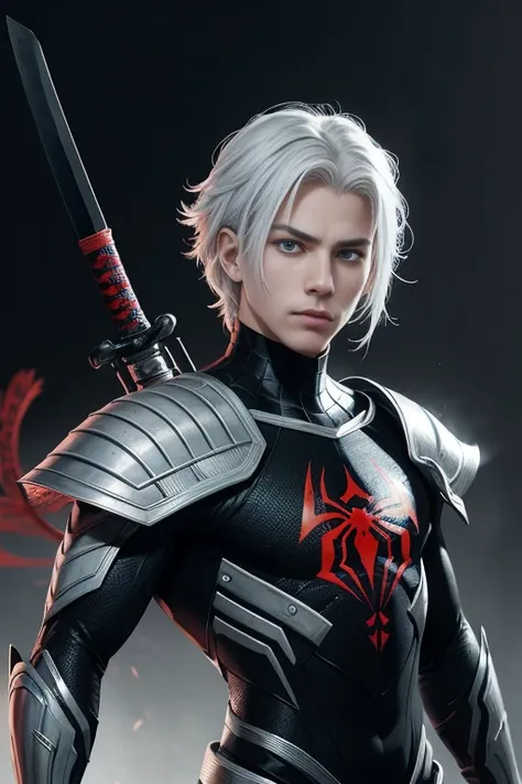 portrait of a teenage boy with white hair, gojo satorou hairstyle, wearing black spiderman armor with red spider web lines, carr...