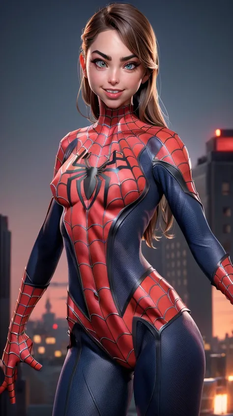 ((Riley Reid )), (((exposed breasts, show nipples))), unzipped:1.2, bright eyes, ((costume is unzipped from her chest to her bellybutton)), smile, Beautiful woman detailed defined body, ((spider man cosplay)), small breasts, ((breasts popping out)), thigh ...