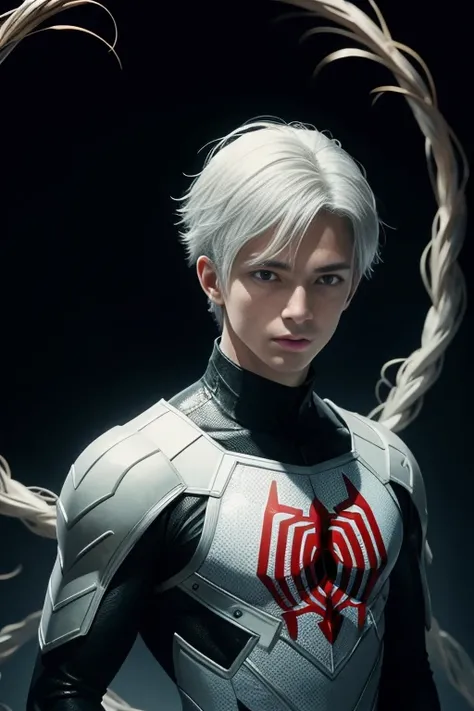 Portrait of a teenage boy with white hair, Gojo Satorou hairstyle, wearing black spiderman armor with red spider web lines, carrying a katana sword on his back, blue eyes, monograms in the background, digital painting, dark colors, 8k, complex details, vin...