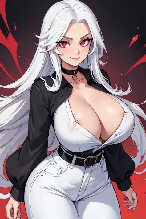 female, white long hair, red eyes, (((1girl))), (((black blouse))), (black choker), (white denim pants), (black belt), (black flats), huge breasts, huge butt, toned legs, gentle smile, full body, cleavage