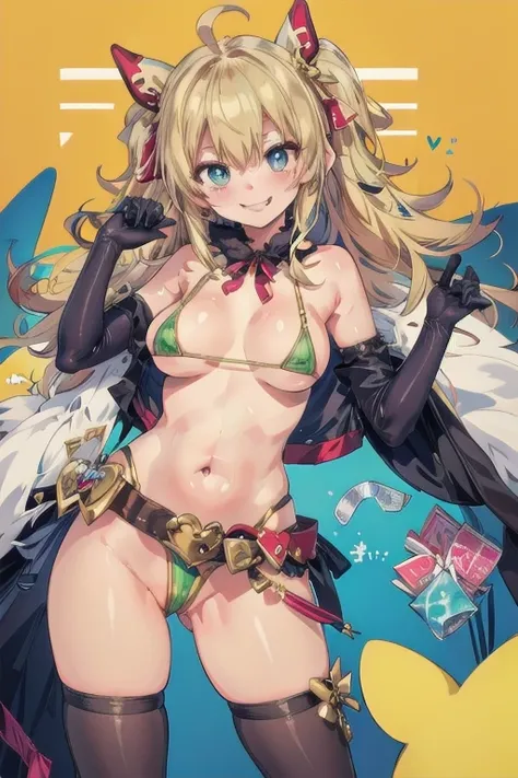 (best quality, masterpiece:1.2), ultra detailed, 1girl, mizuryu kei, evil smile, hoshii miki, blonde hair, ahoge, micro bikini, long gloves, elbow gloves, condom belt,
