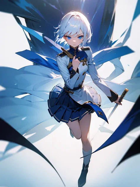 1girl, full body, white hair, short hair, blue eyes, flat chest, determined expression, sword, epic wind, white uniform, blue linings, pleated skirt, masterpiece, ultra detailed, beautiful face, detailed eyes, dramatic lighting, clean fingers,