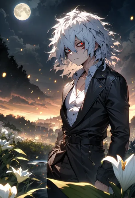 absurdres, highres, ultra detailed, HDR, masterpiece, extremely detailed face and eyes, Shigaraki Tomura, white hair, expressive red eyes, boku no hero academia, solo, sexy man, handsome, black coat, white shirt, black pants, moon, white lilies, fireflies