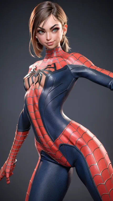 ((Riley Reid )), (((exposed breasts, show nipples))), unzipped:1.2, bright eyes, ((costume is unzipped from her chest to her bellybutton)), smile, Beautiful woman detailed defined body, ((spider man cosplay)), small breasts, ((breasts popping out)), thigh ...