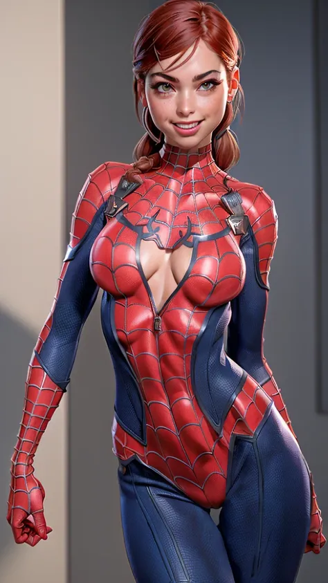 ((Mary Jane Watson )), (((exposed breasts, show nipples))), unzipped:1.2, bright eyes, ((costume is unzipped from her chest to her bellybutton)), smile, Beautiful woman detailed defined body, ((spider man cosplay)), small breasts, ((breasts popping out)), ...