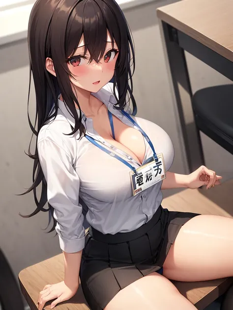 One Girl, solo, ((White shirt)), Black knee socks, Proudly, Cleavage,Black panties,Spread your legs wide,Black bra,Big Ass,Large Breasts,Low - Angle,Chair下からのアングル, uniform, officeの背景, Black Skirt, Pleated skirt, office,E Cup, Hair between the eyes, Look at...