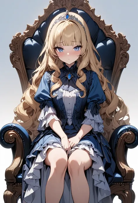 masterpiece, best quality, ultra-detailed, 1girl, , princess, blonde, long hair, curly hair, blunt bangs, tiara, blue eyes, no expression, blue victorian dress, long frilled skirt, sitting on chair, from front