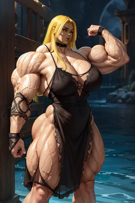 (((((Massive, tall, beautiful, buff, wet, light brown skinned muscular woman with yellow hair, black lipstick, ginormous bulky muscles and wearing a beautiful long black lace nightgown))))), black eyeliner, massive muscle, massive biceps, hyper muscle tric...