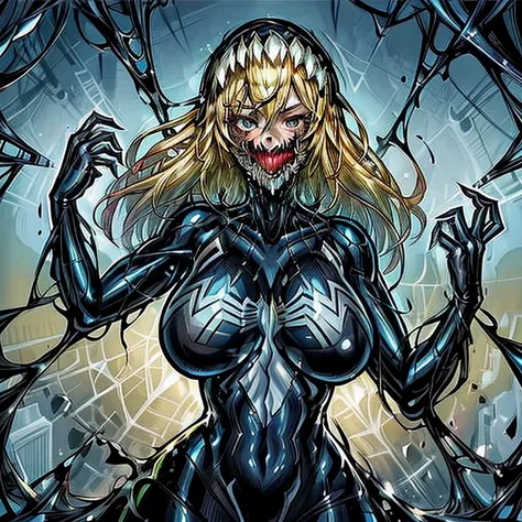 ((best quality)), (very detailed:1.2), master piece, ((official art)),1 huge breasts, alone,
symbiote,spider gwen,SVGM,blonde hair,