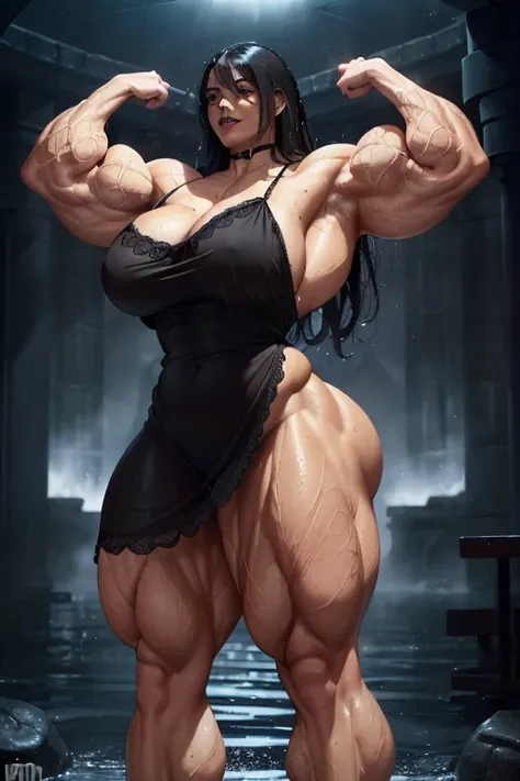 (((((Massive, tall, beautiful, buff, wet, light brown skinned muscular woman with jet black hair, black lipstick, ginormous bulky muscles and wearing a beautiful long black lace nightgown))))), black eyeliner, massive muscle, massive biceps, hyper muscle t...