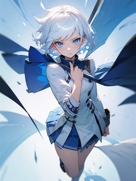 1girl, full body, white hair, short hair, blue eyes, flat chest, determined expression, 1 sword, epic wind, white uniform, blue linings, pleated skirt, masterpiece, ultra detailed, beautiful face, detailed eyes, dramatic lighting, clean fingers,