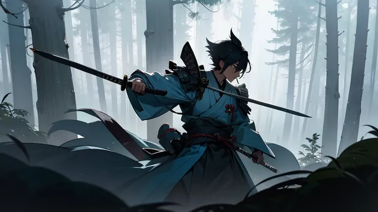 A Japanese samurai in a dense and mysterious forest, clad in detailed armor, holding a katana amidst fog and rays of light filtering through the trees, creating an atmosphere of suspense and determination.