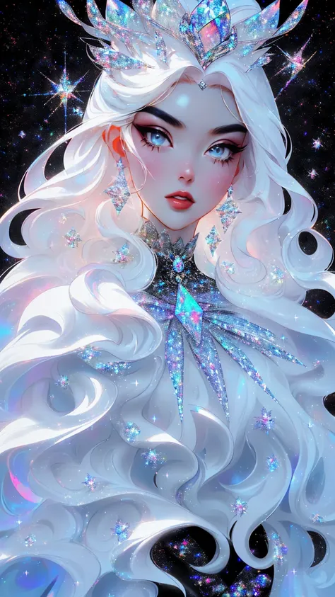 {-erro_de_anatomia:1.0} masterpiece, highest quality, (perfect face:1.1, (high detail)1.1, sweet stardust vampire , long soft white hair, opal eyes, perfectly drawn face, black dress, stars detailed background, prismatic lighting, glitter, whole body,   (w...