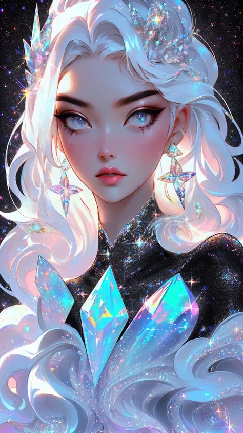 {-erro_de_anatomia:1.0} masterpiece, highest quality, (perfect face:1.1, (high detail)1.1, sweet stardust vampire , long soft white hair, opal eyes, perfectly drawn face, black dress, stars detailed background, prismatic lighting, glitter, whole body,   (w...