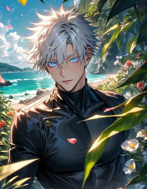 Ultra detailed, Highres, absurdres, HDR, Gojo Satoru, white hair with bangs, hair between the eyes, blue eyes, white eyelashes, Jujutsu Kaisen, green leaves, summer, flowers and petals, extremely handsome, sexy man, solo, black long coat, black tight t-shi...