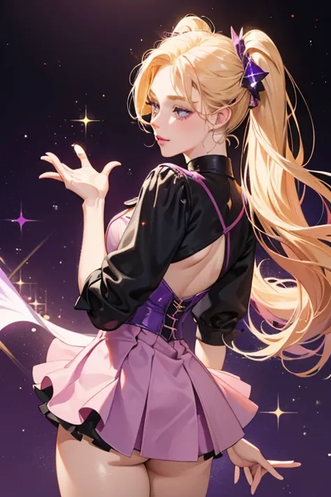 She is a pale pink  with a dark pink back fin and lips, golden blonde hair put in two violet ponytails, and two visible eyelashes. She wears a violet miniskirt with a dark purple bottom.  SPARKLE; GLITTER