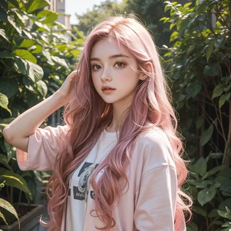 Teenage girl, long pink wavy hair, pale skin,British features, dressed in painters clothes