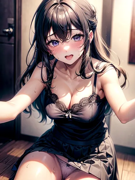 ((highest quality)), ((masterpiece)), ((Perfect Face))、((the skirt is rolled up))、((Showing panties))、((Revealing underwear))、Hearts in the eyes、Black Hair、Wavy Hair、orgasm、Flushed face、Sweaty all over、Ahegao、Frilled blouse