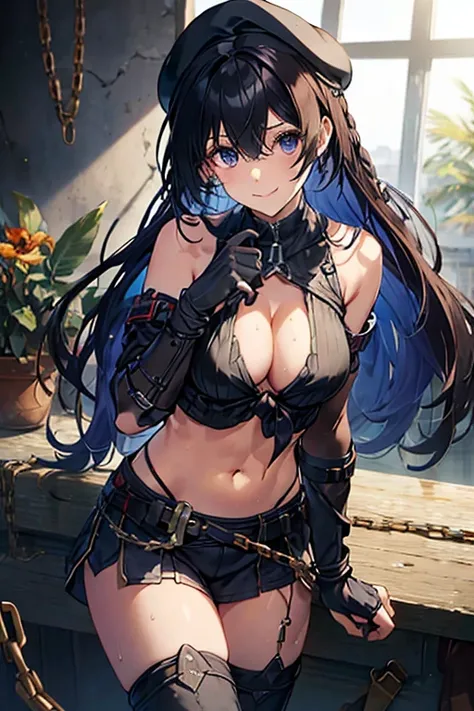 (Thynasha:1.2),dark blue hair,very long hair, purple eyes,(beautiful detailed eyes:1.0), extremely detailed face, perfect lighting, hair between eyes,bangs, (black beret, black jacket, open clothes, cleavage, midriff, black medium skirts,  black thighhighs...