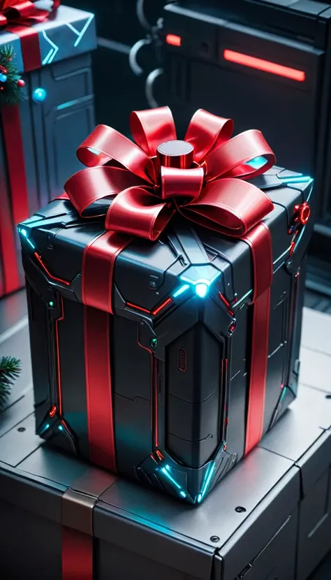 A Christmas gift is decorated with a red bow，Cyberpunk style