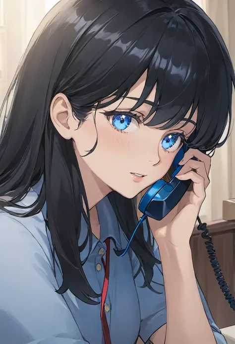 a mother with black hair and blue eyes talking on the phone with her son