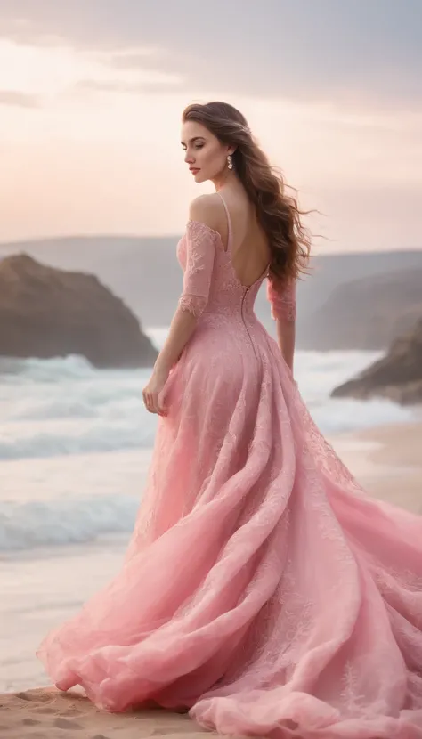  A girl in a vibrant pink dress, her long hair cascading down her back. She stands tall, her shoes adorned with intricate lace and pearls. The soft fabric of her dress dances in the wind, creating a mesmerizing scene. Realistic
