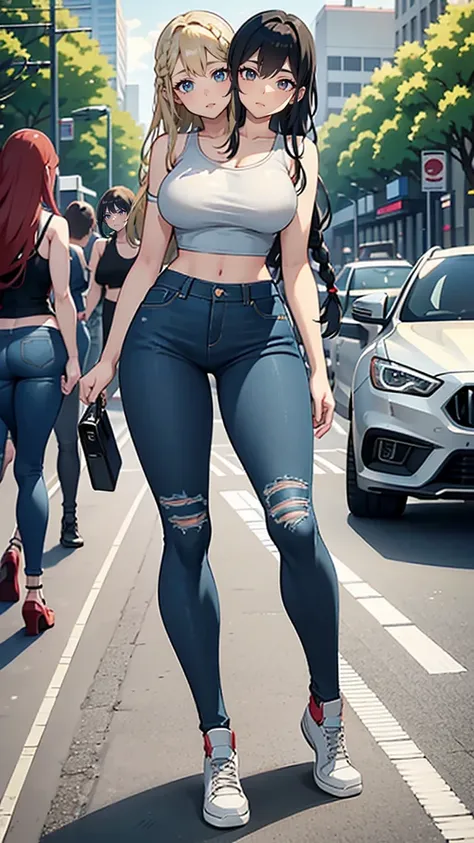 best resolution, 2 heads, Australian girl Instagram model girl two heads, 19 years old, youthful, walking down a sidewalk with one holding a cell phone, tight denim jeans, skinny waist and thick hips, thin waist, thin-waist, slim waist, slender waist, blue...