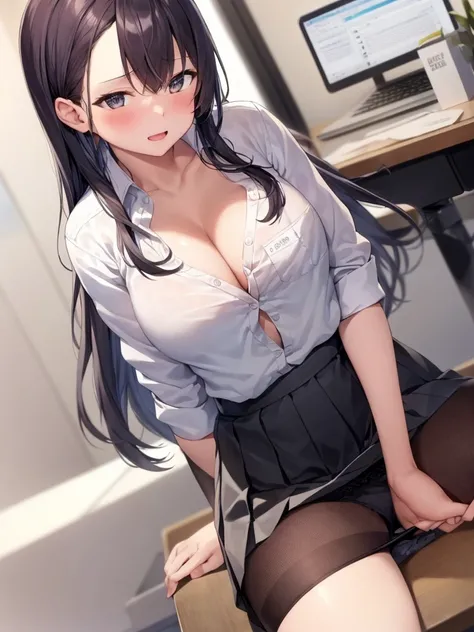 One Girl, solo, ((White shirt)), Black knee socks, Proudly, Cleavage,黒のpanties,pantiesを視聴者に見せつける,Spread your legs wide,脚をLeg spread,pantiesが見えている,足を広げてpantiesを見せる,My shirt is turned up and I can see my bra,Leg spread,Black bra,Big Ass,Large Breasts,Low - A...