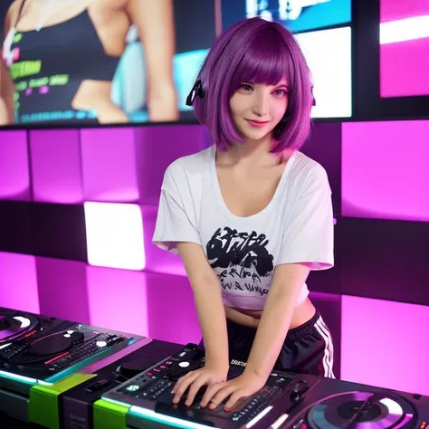 cute woman,short bob hair,Magenta highlighted hair color,Chest 45 inches,small t-shirt,brown tight shorts,Be a DJ,playing dj player,among people,Light color,Extremely innovative,Highly detailed