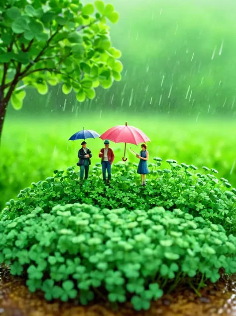 this is a miniature scene. in the middle of the picture is a clover. some people are holding umbrellas next to the clover. lush ...