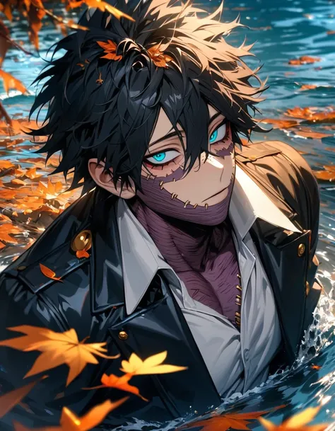 absurdres, highres, ultra detailed, HDR, master piece, best quality, extremely detailed face and eyes, Dabi, black hair spiked around his head, hair between the eyes, expressive turquoise eyes, My Hero Academia, solo, sexy man, extremely handsome, adult fa...