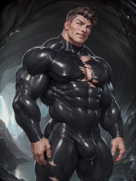 (male:in black latex suit:extreme dripping latex suit,torn suit:2,human head:1.5,light skin face:1.5,short hair:1.5,handsome:1.5),(((nude:white latex suit,opening chest show skin:1))),crotch close up,hand on hips pose,sweat:1, best quality, (((in a black s...