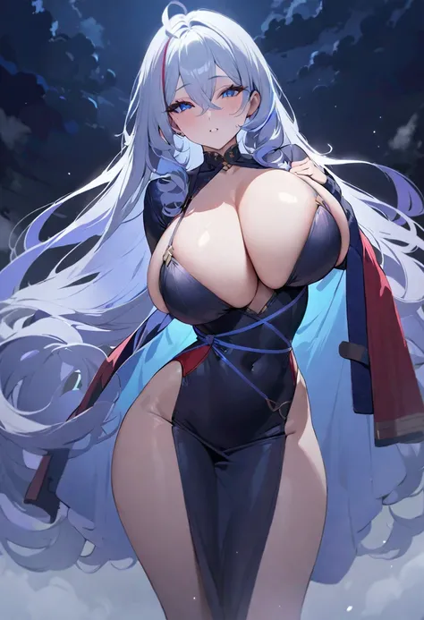 ((shyly)),(masterpiece:1.2),(best quality:1.2),(masterpiece, best quality, Ultra-high resolution),1 girl,Long hair,curls,(multicoloRed hair,green,blue,Red),Beautiful and detailed face, Exquisite eyes,partly cloudy,FOG, night (gray theme)Beautiful breasts、H...