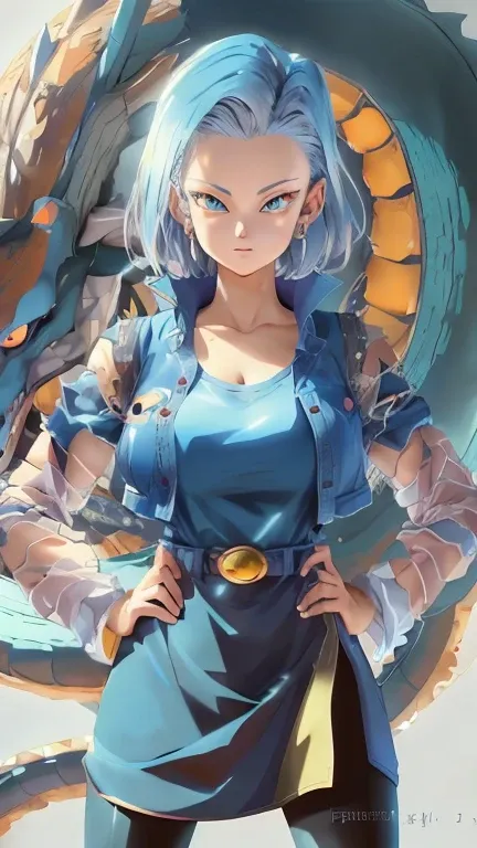 Anime girl with a dragon on her back and blue eyes,  18, saiyan girl, dragon ball art style, Dragon Ball Style, Dragon Ball Z style, 4k comics wallpaper, Dragon Ball concept art, Detailed fan art, Very detailed and beautiful fan art, dragon girl, anime sty...