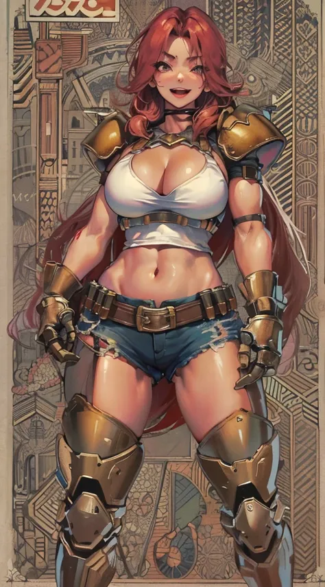 doom,Meaty thighs，Poster Style，Insgram,posture，shorts，western metal，Beautiful breasts、Huge breasts:1.4，Full breasts，Happy expression