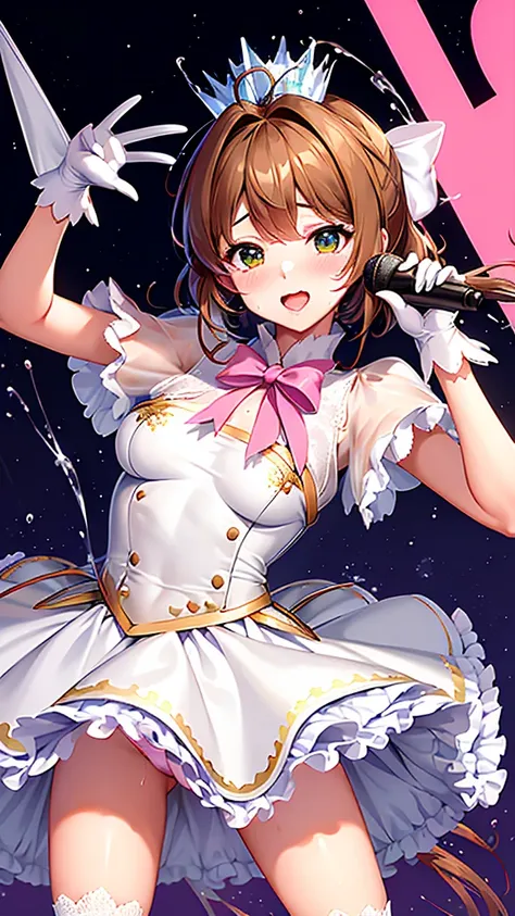 masterpiece, highest quality, High resolution, kinomoto sakura, One girl, brown hair, short hair, antenna hair, Ahoge, Crown, Green Eyes, White Dress, No sleeve, White gloves,Retention Staff, smile, Open your mouth, Cowboy Shot, blue sky,Cane,A lot of seme...