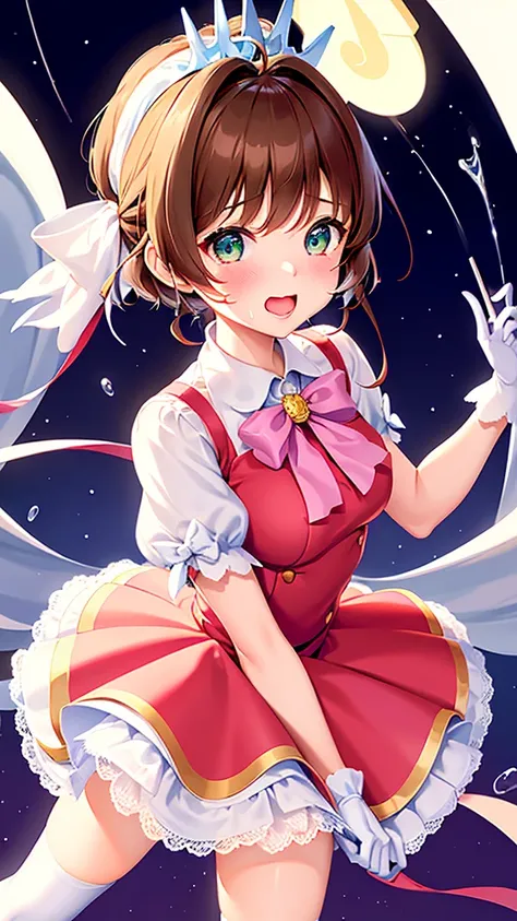 masterpiece, highest quality, High resolution, kinomoto sakura, One girl, brown hair, short hair, antenna hair, Ahoge, Crown, Green Eyes, White Dress, No sleeve, White gloves,Retention Staff, smile, Open your mouth, Cowboy Shot, blue sky,Cane,A lot of seme...