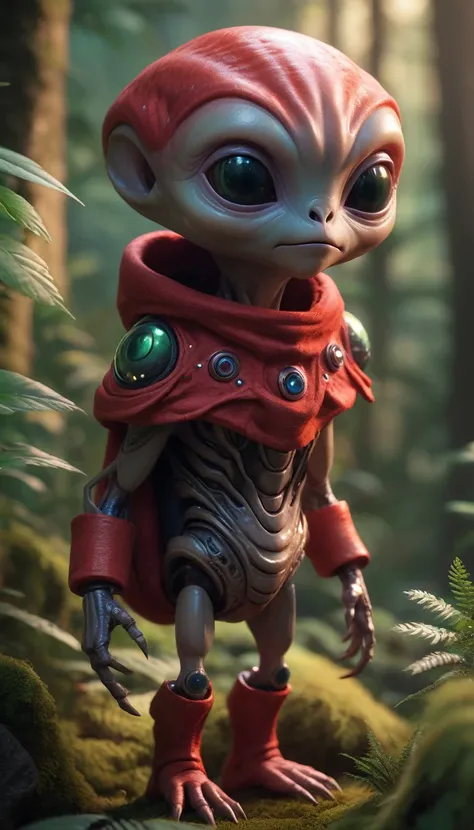 Very detailed: 1.2), (best quality: 1.2), 8k, sharp focus, (Subsurface scattering: 1.1), (Award-winning macro photography: 1.1) (Cute and cuddly alien life forms: 1.2), Hidden in the foliage of a dense forest (The clothing details are very rich: 1.2), (Ver...