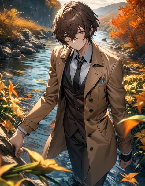 absurdres, highres, ultra detailed, HDR, master piece, best quality, extremely detailed face and eyes, Dazai Osamu, brown hair, expressive brown eyes, Bungo stray dogs, solo, sexy man, extremely handsome, brown coat, water, autumn, orange leaves, yellow li...