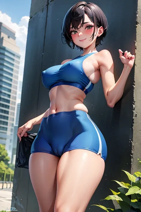 (best quality:1.1), (masterpiece:1.4), (absurdres:1.0), 1girl, very_short_hair, tomboy hairstyle, sporty hair, black hair, (medium chest), (tomboy) tanlines, looking at viewer, outdoors, (blush:1.2), city, smile, hourglass figure, nice hips, wearing tight ...